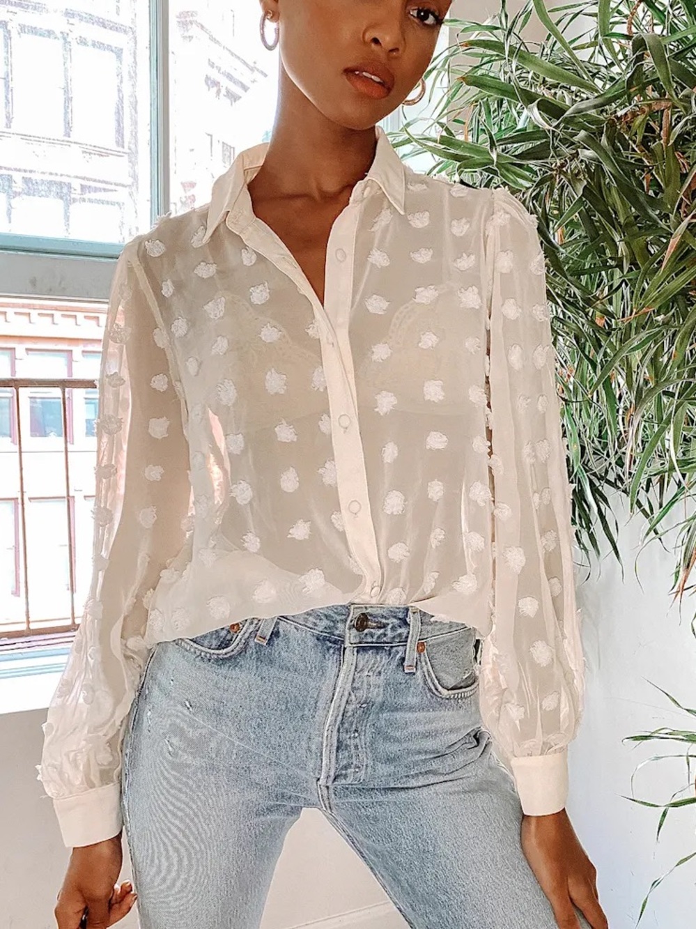 Zara Pom Pom Cream Sheer Blouse
